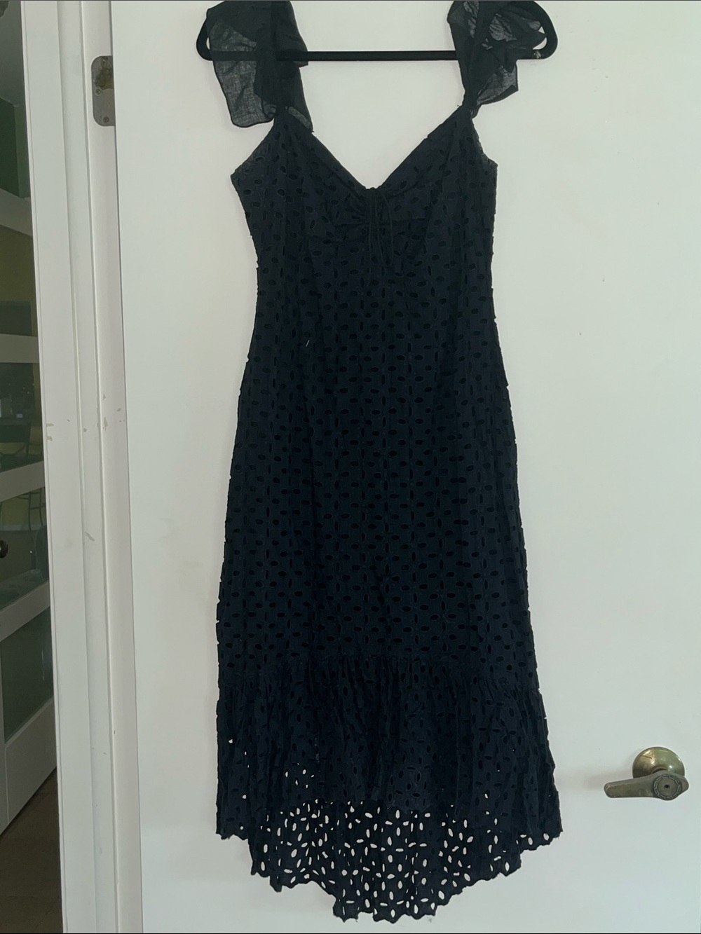 Laundry By Shelli Segal Black Eyelet Midi Dress with Sheer Tie Straps size 2